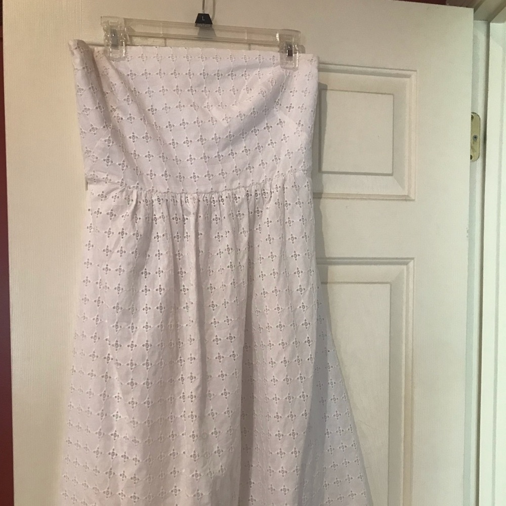 Strapless white eyelet dress